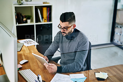 Buy stock photo Computer, tablet and business man in office for online project, website and internet research at desk. Creative agency, professional worker and person on digital tech for working, web design and job
