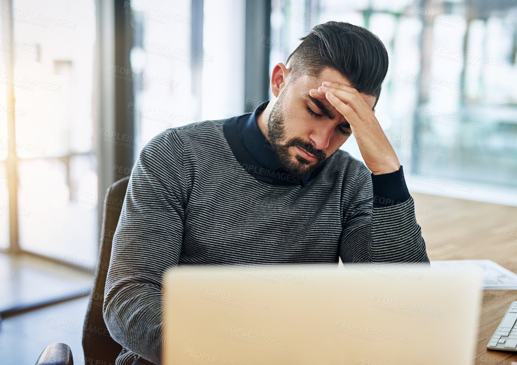 Buy stock photo Businessman, headache and stress with laptop in office for burnout, boring job and overworked by workspace. Professional, employee and migraine from work deadline with pain, fatigue and frustrated
