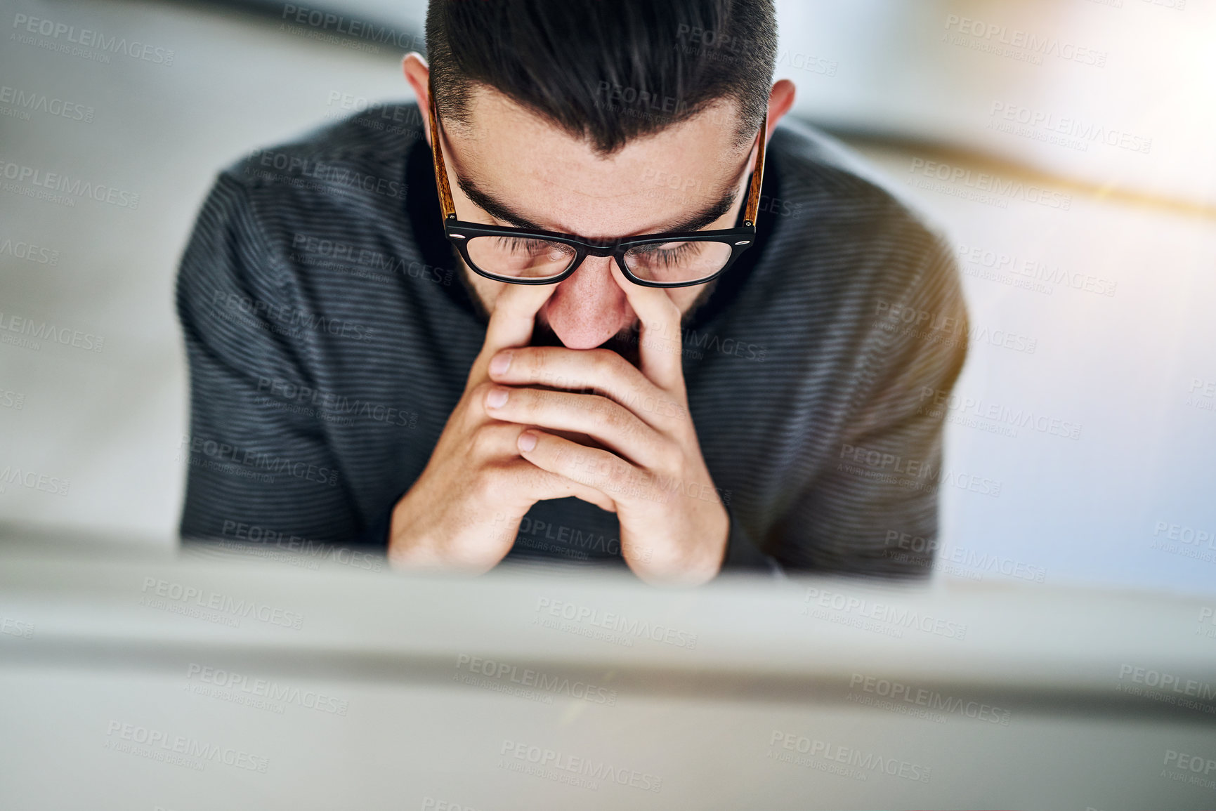 Buy stock photo Businessman, eye strain and tired for stress in office with burnout, headache and overworked by desk with top view. Professional, employee and discomfort from glasses with work deadline or frustrated