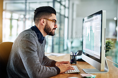 Buy stock photo Business man, computer and chart on desktop using data analytics for SEO research at office desk. Male entrepreneur person typing on pc for information technology, infographics and graph statistics