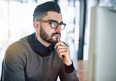 Buy stock photo Thinking, computer and business man in office with brainstorming ideas, problem solving and solution. Creative agency, professional worker and person for AI engineer, IT work and job opportunity