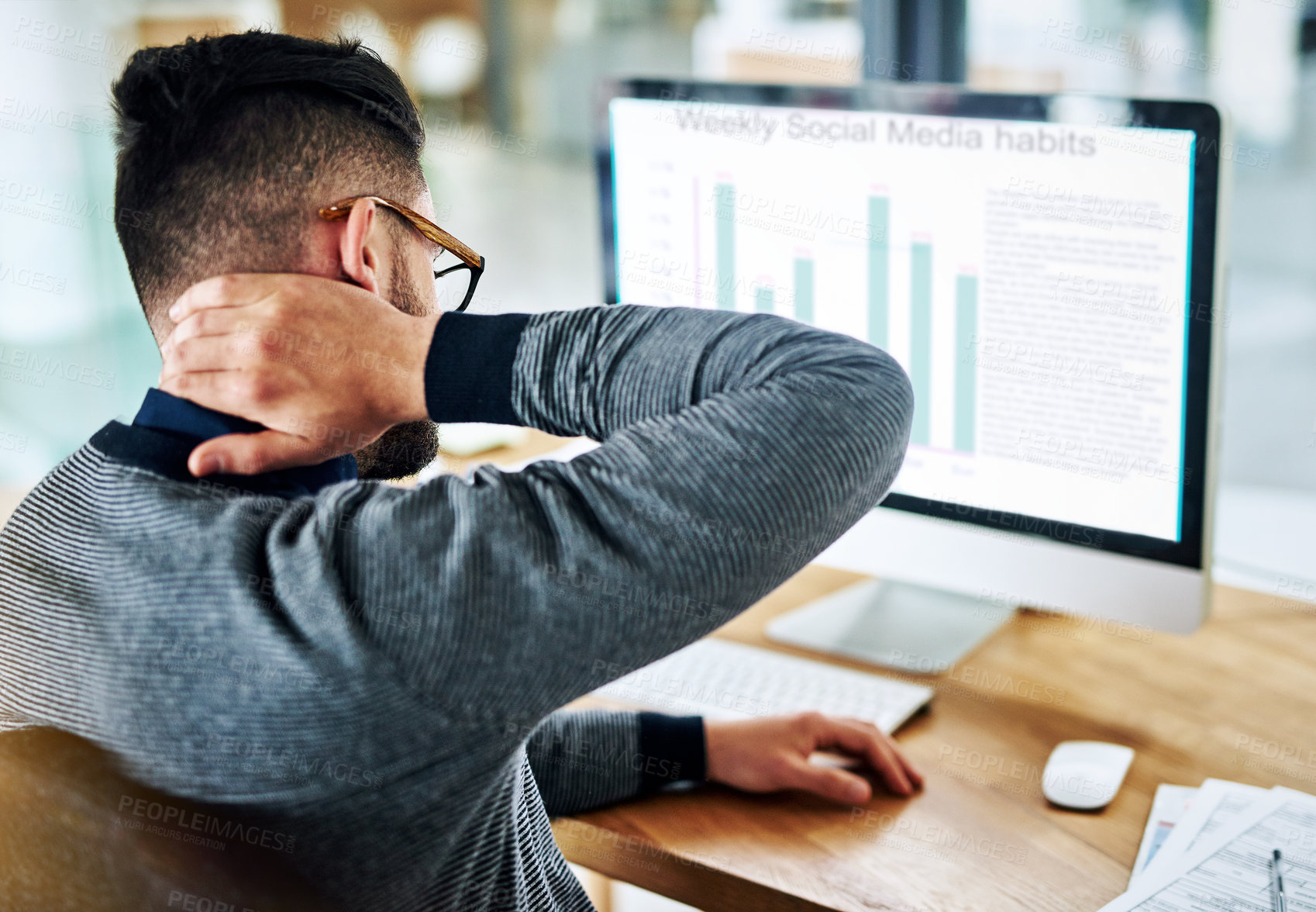 Buy stock photo Neck pain, man and computer screen at desk in office with chart with strain, stress and anxiety from working. Tech, social media and graph with online, digital and project with data at web company