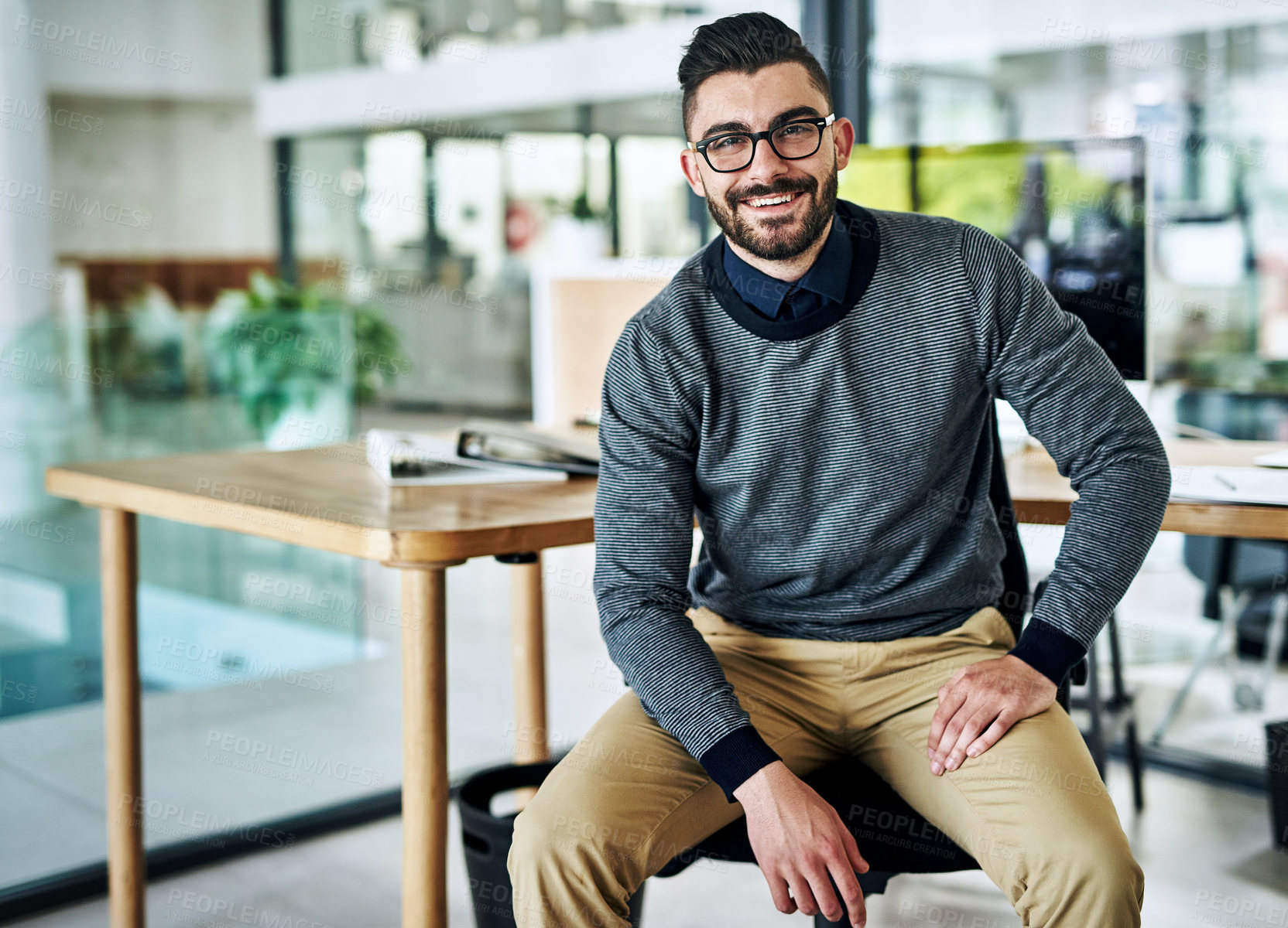 Buy stock photo Desk, happy and portrait of business man in office with company pride, confidence and smile. Creative startup, professional agency and person for career, ambition and job for digital marketing