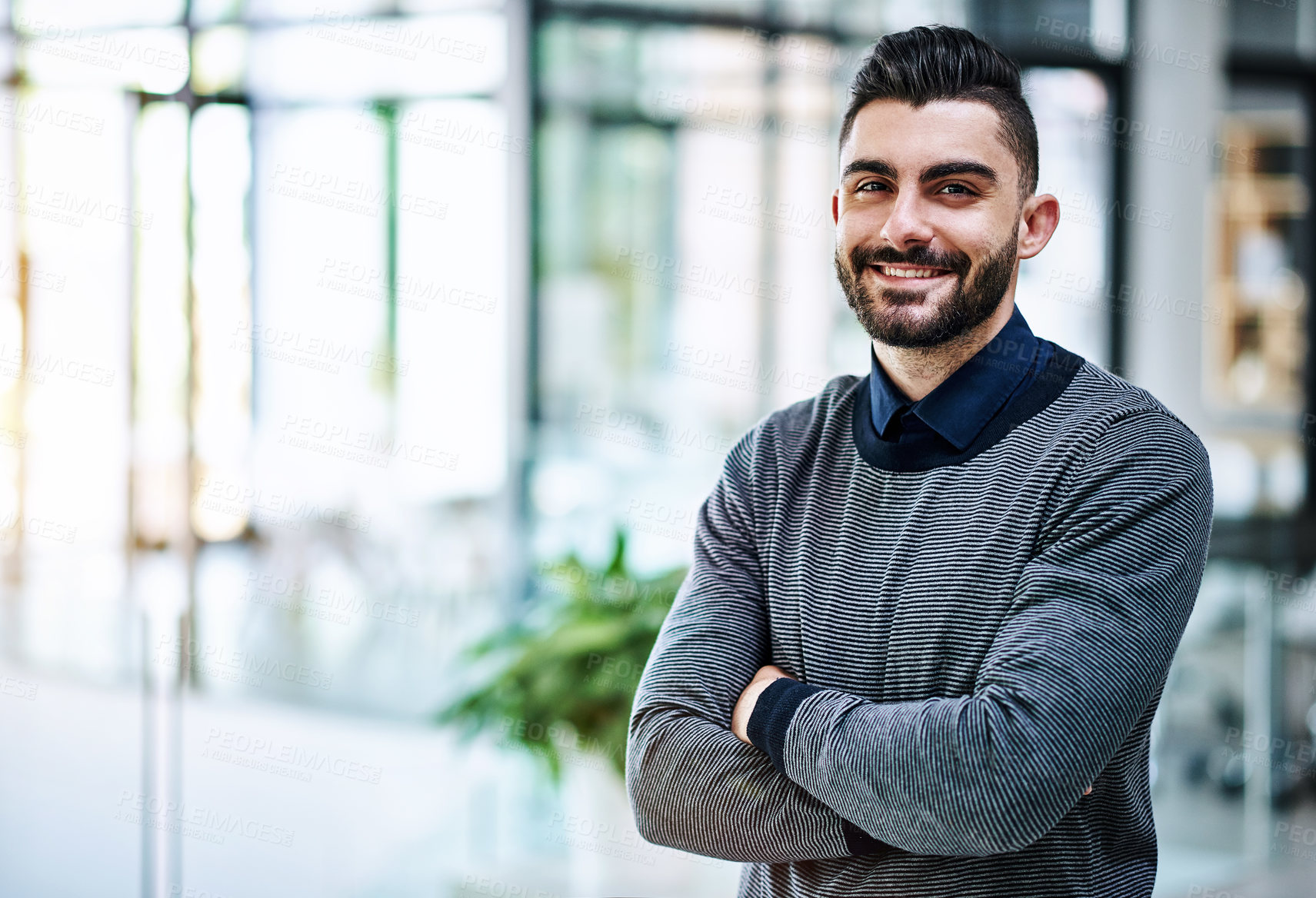 Buy stock photo Crossed arms, startup and portrait of businessman with company pride, confidence and smile in morning. Creative, professional space and happy person for career, work and job opportunity in office