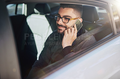 Buy stock photo Phone call, man and glasses in car for business trip, communication and private driver in city. Talking, smartphone and male designer in taxi for back seat, travel and commute by window for work