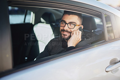 Buy stock photo Phone call, happy man and portrait in car for business trip, communication or private driver in city. Talking, smartphone and male designer in taxi for back seat, travel or commute by window for work