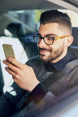 Buy stock photo Happy businessman, phone and taxi for travel, conversation and communication in car transportation. Social media, online reading and networking on technology for driving location to work for career