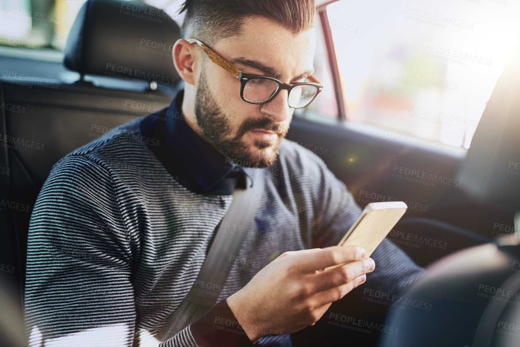 Buy stock photo Businessman, cellphone and taxi or car for travel, conversation and communication or email. Connection, online reading and networking with technology for stock market and driving to work for career