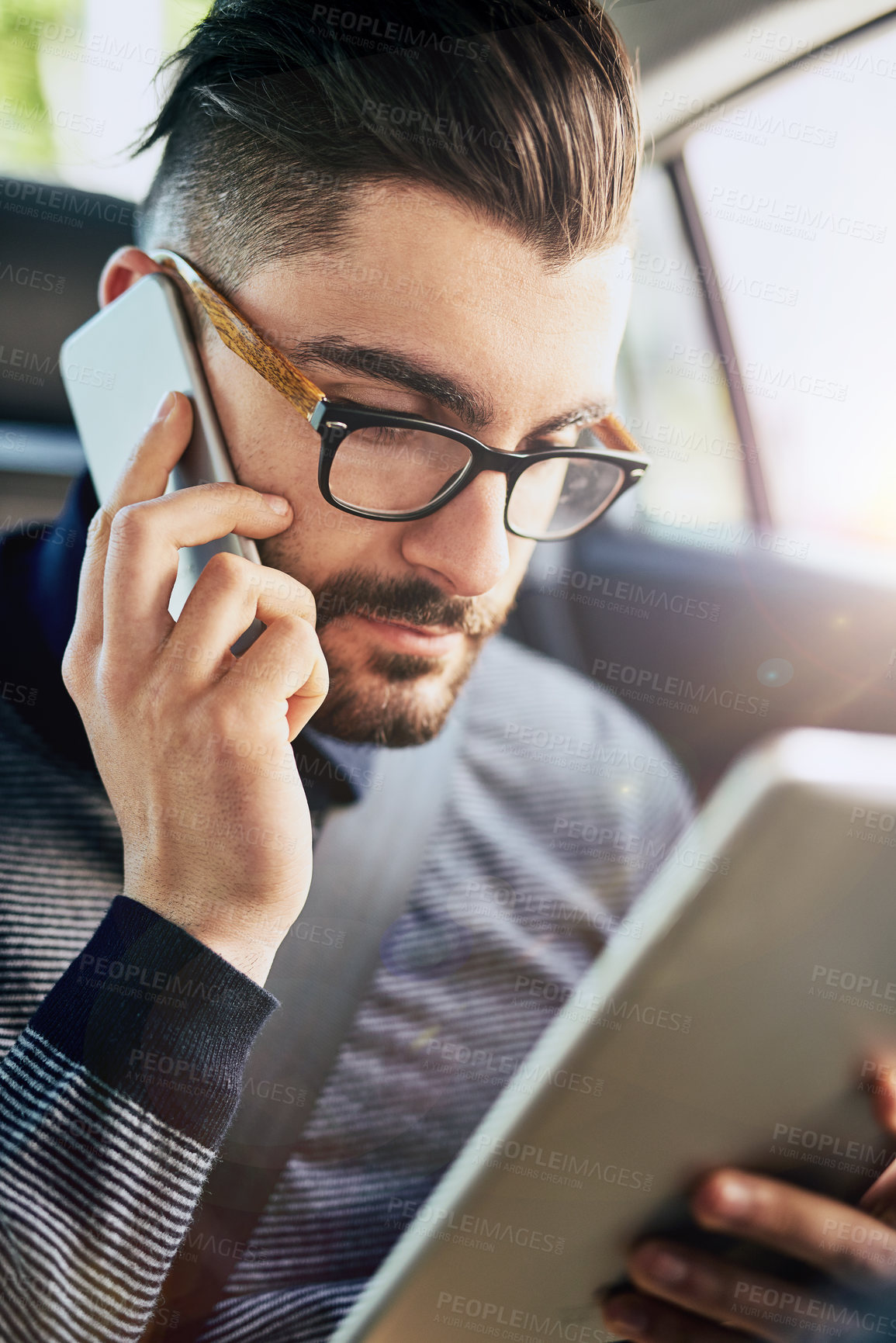 Buy stock photo Businessman, phone call and tablet in car for networking, conversation and online for schedule. Connection, communication and reading with technology for stock market, planning and work or career