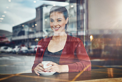 Buy stock photo Woman, coffee shop and portrait with window and latte with happy customer and smile by table. Cup, restaurant and university student with college break, cafe and tea in store with hot drink and mug