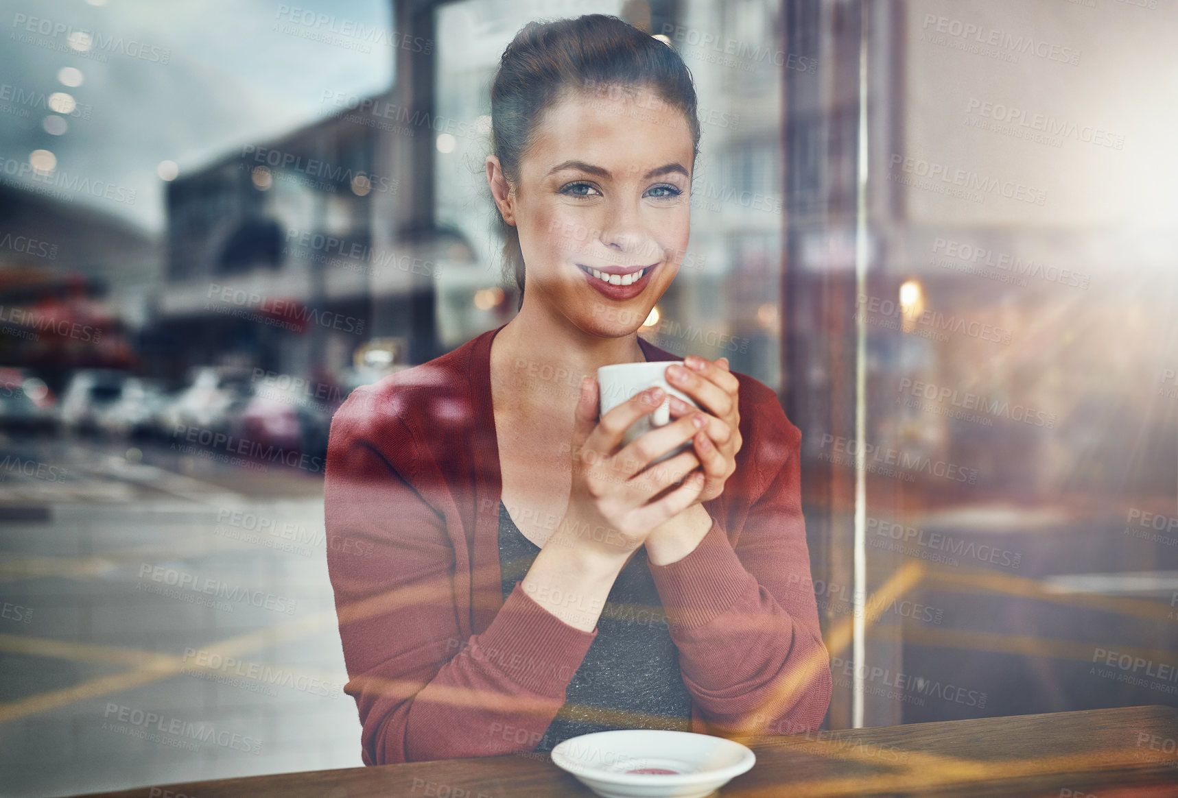 Buy stock photo Window, coffee shop and woman portrait with latte and happy customer with smile and table. Cup, restaurant and relax university student with college break, cafe and tea in store with drink and mug