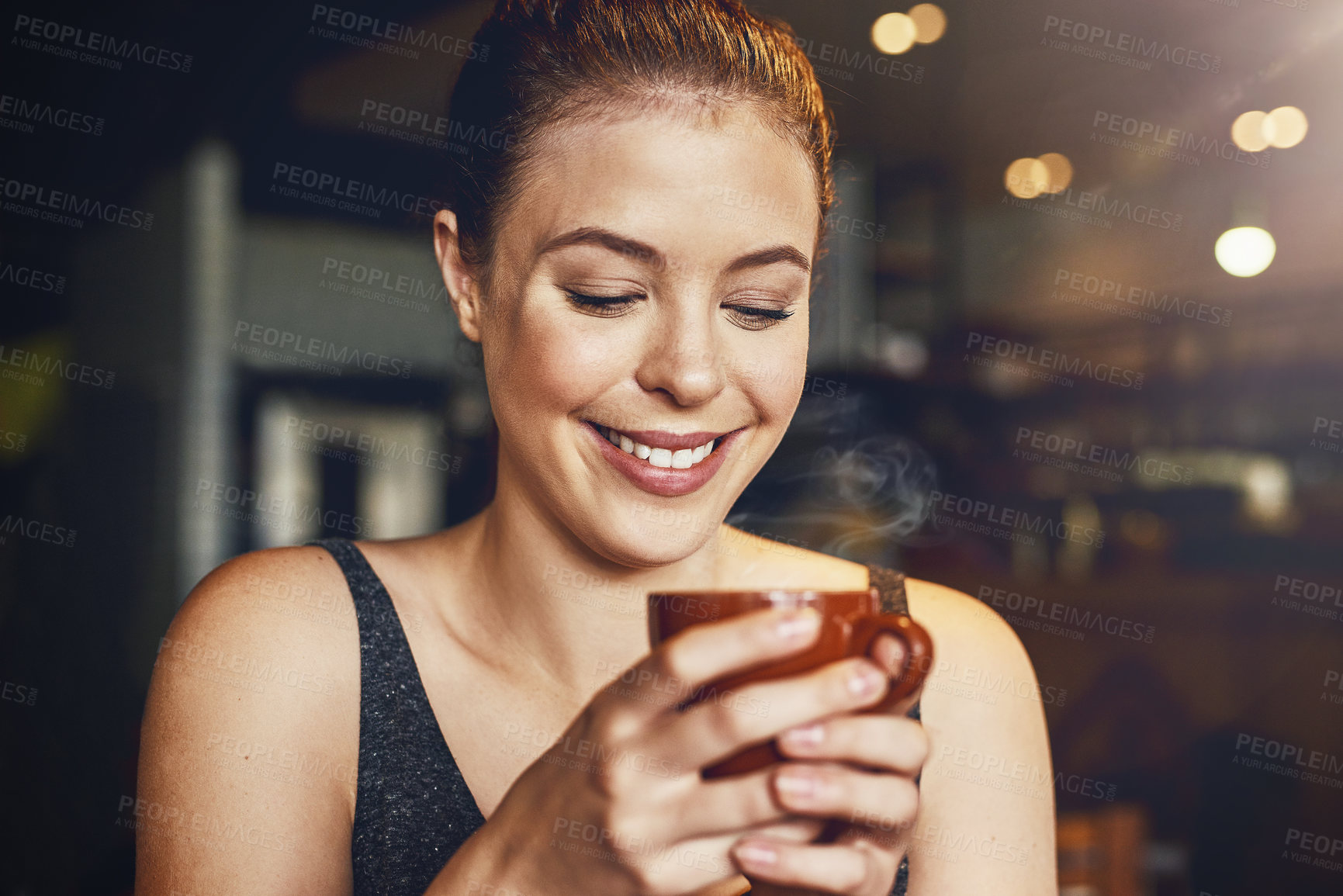 Buy stock photo Woman, coffee shop and relax with latte and happy customer with smile and table. Cup, restaurant and calm university student with college break, cafe and tea in store with hot drink and thinking