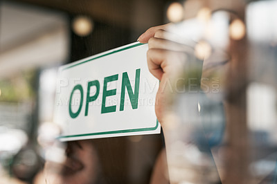 Buy stock photo Open, sign and window with hands of person for coffee shop, restaurant and retail. Shopping, start and ready with closeup of employee and poster at door for cafe, small business and store