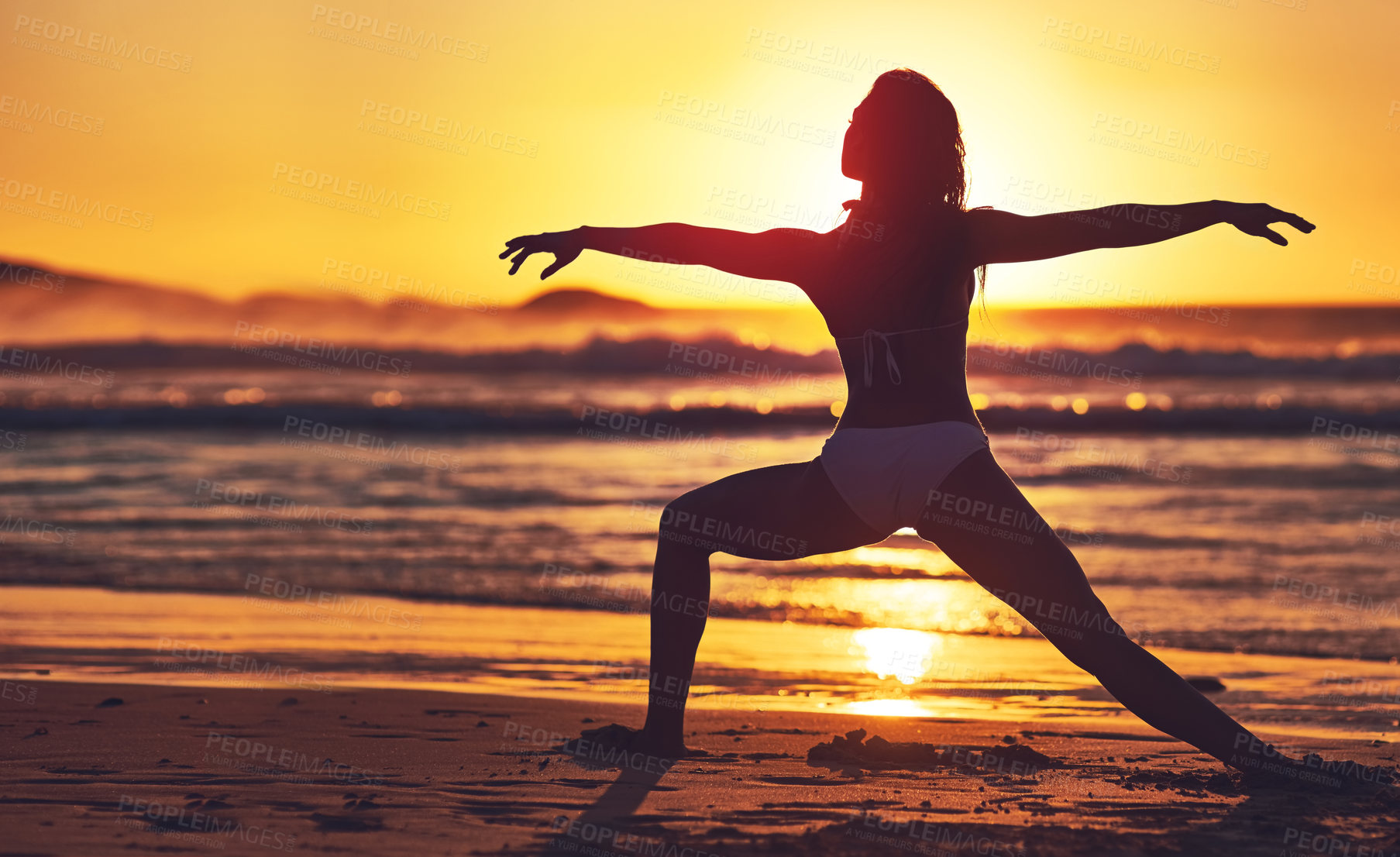 Buy stock photo Woman, sunset and yoga silhouette on beach, fitness and pilates for energy or relax in nature. Wellness, balance and workout on summer vacation, seashore and water for exercise and zen health