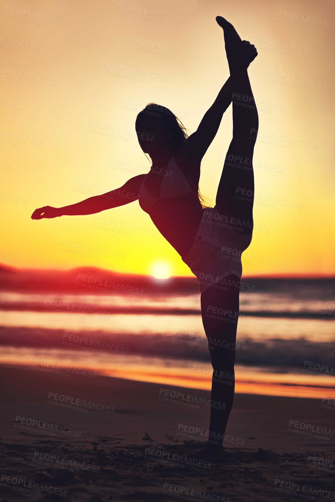 Buy stock photo Silhouette of a woman on the beach at sunset