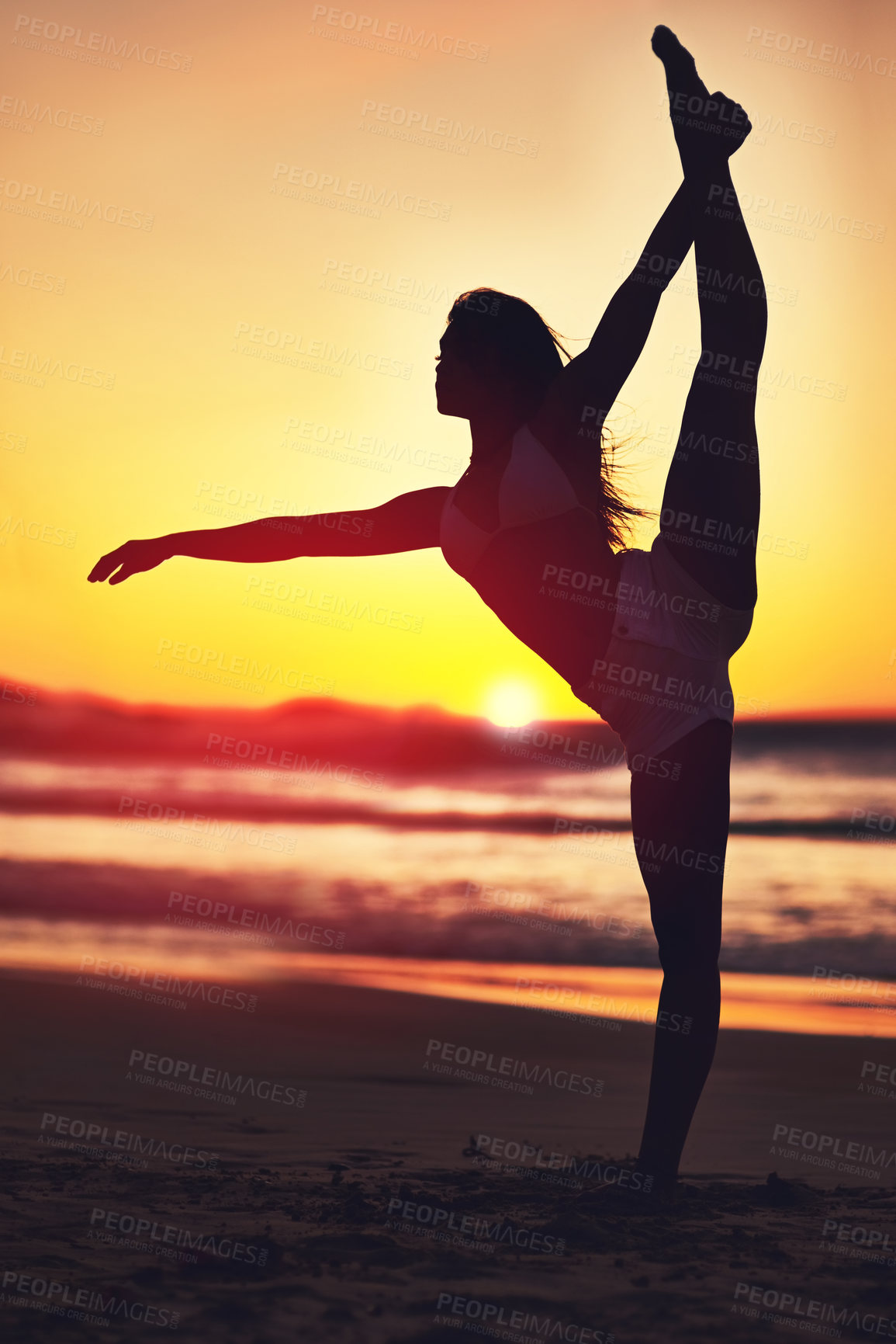 Buy stock photo Woman, sunset and dancing silhouette on beach, contemporary ballet and peace in nature with dancer. Wellness, freedom and vitality on summer vacation, stretching and seashore water with horizon