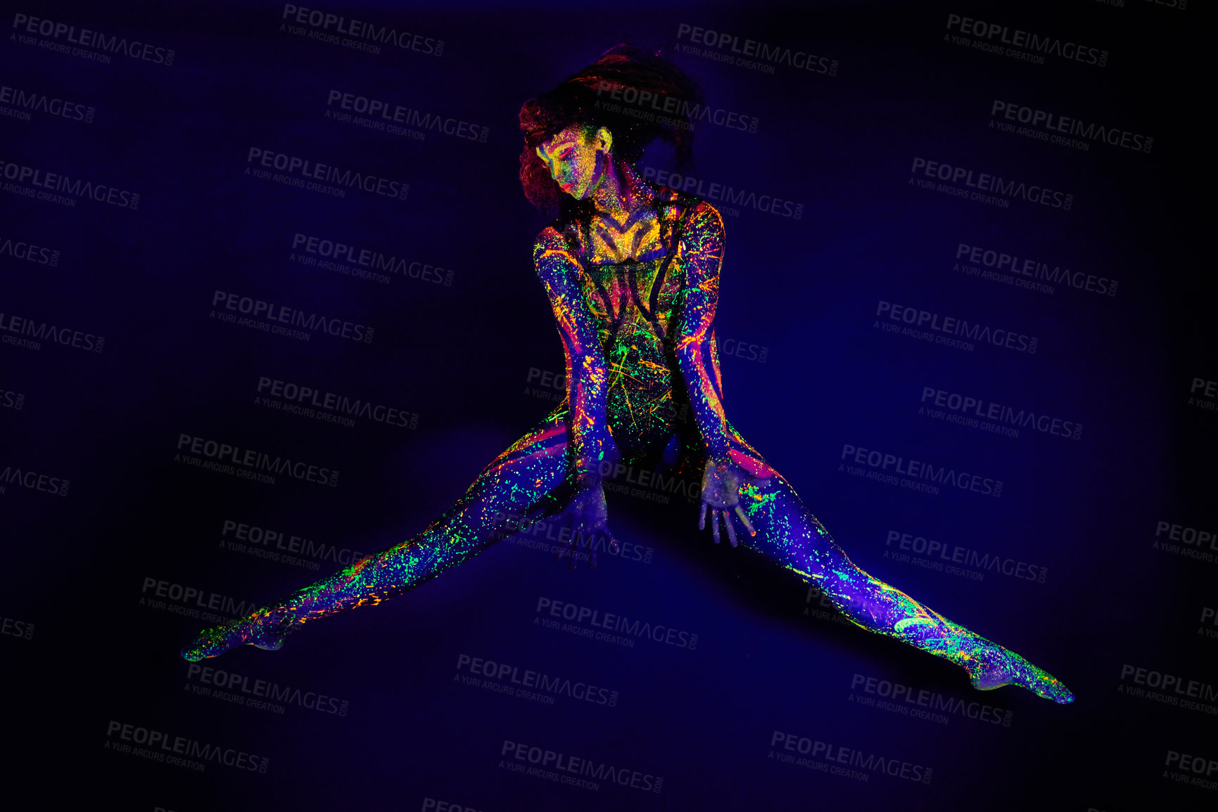 Buy stock photo Body paint, relax and woman in studio for art, culture and stretching in neon fantasy aesthetic. Creative, design and girl in color makeup for dance, identity or unique character on black background