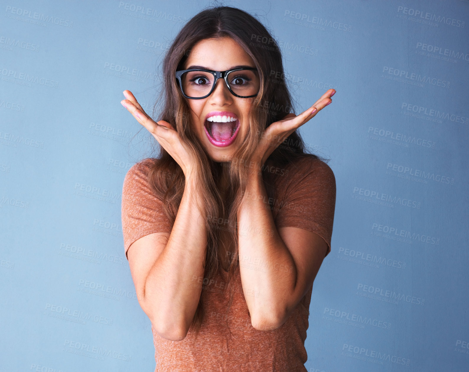 Buy stock photo Woman, glasses and shocked in studio portrait, surprise and deal for optometry sale with mock up space. Customer, hand gesture for wow competition, promotion and crazy news or announcement offer