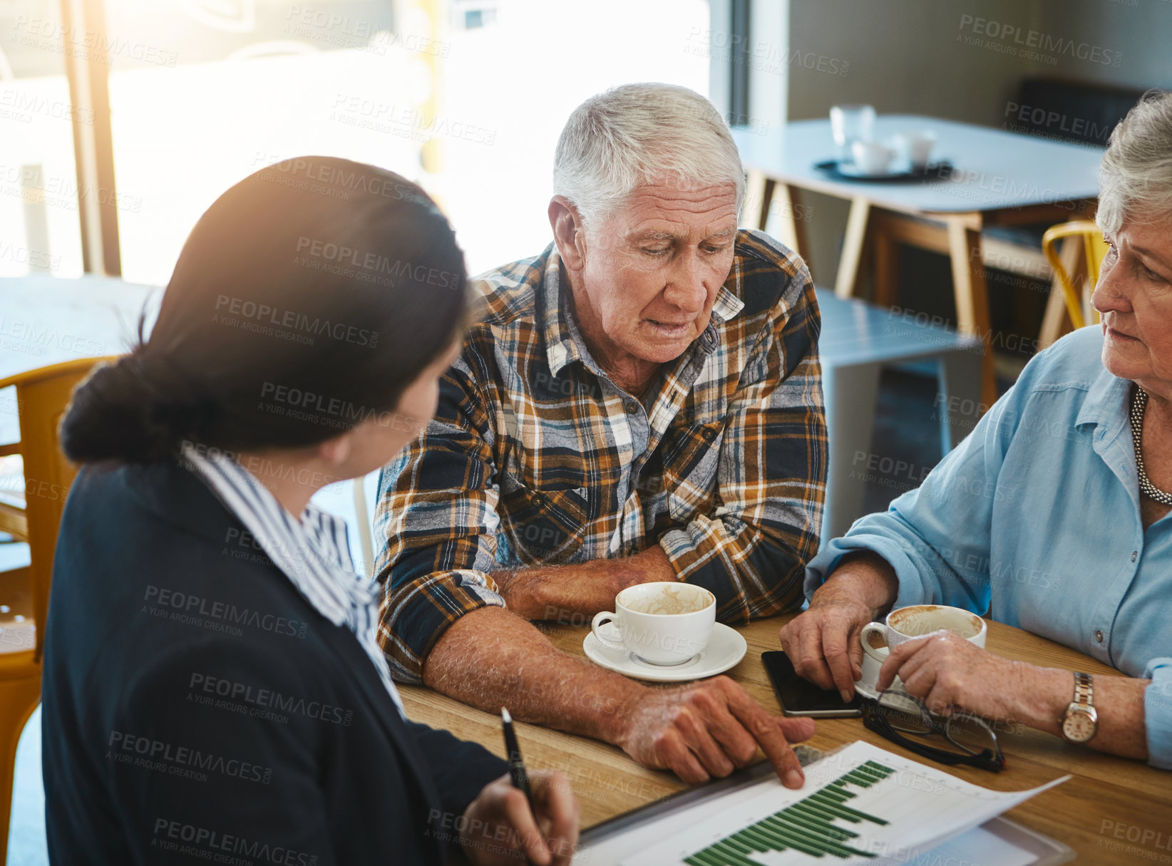 Buy stock photo Senior couple, financial advisor and talking in meeting, profit growth and investment conversation for estate planning. Insurance, tax and professional with documentation, pensioner or people discuss