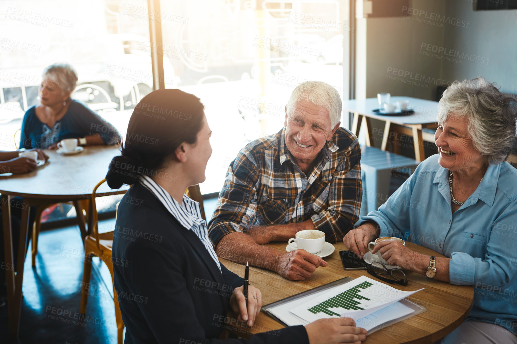 Buy stock photo Senior couple, financial advisor and talking with paperwork, relax conversation and retirement planning. Insurance, savings and investment with professional, pensioner people and discussion in cafe