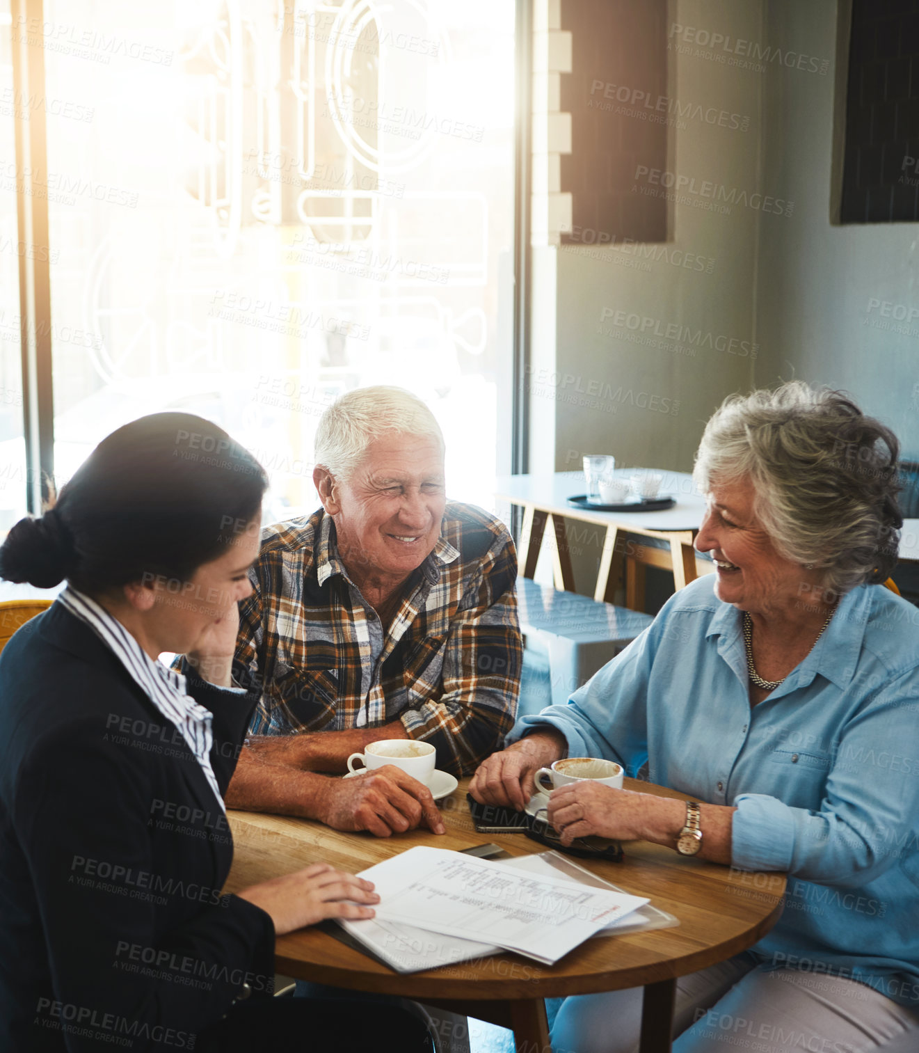 Buy stock photo Senior couple, financial advisor and people with paperwork, relax conversation and retirement planning. Insurance, savings and investment with professional, pensioner talking and discussion in cafe