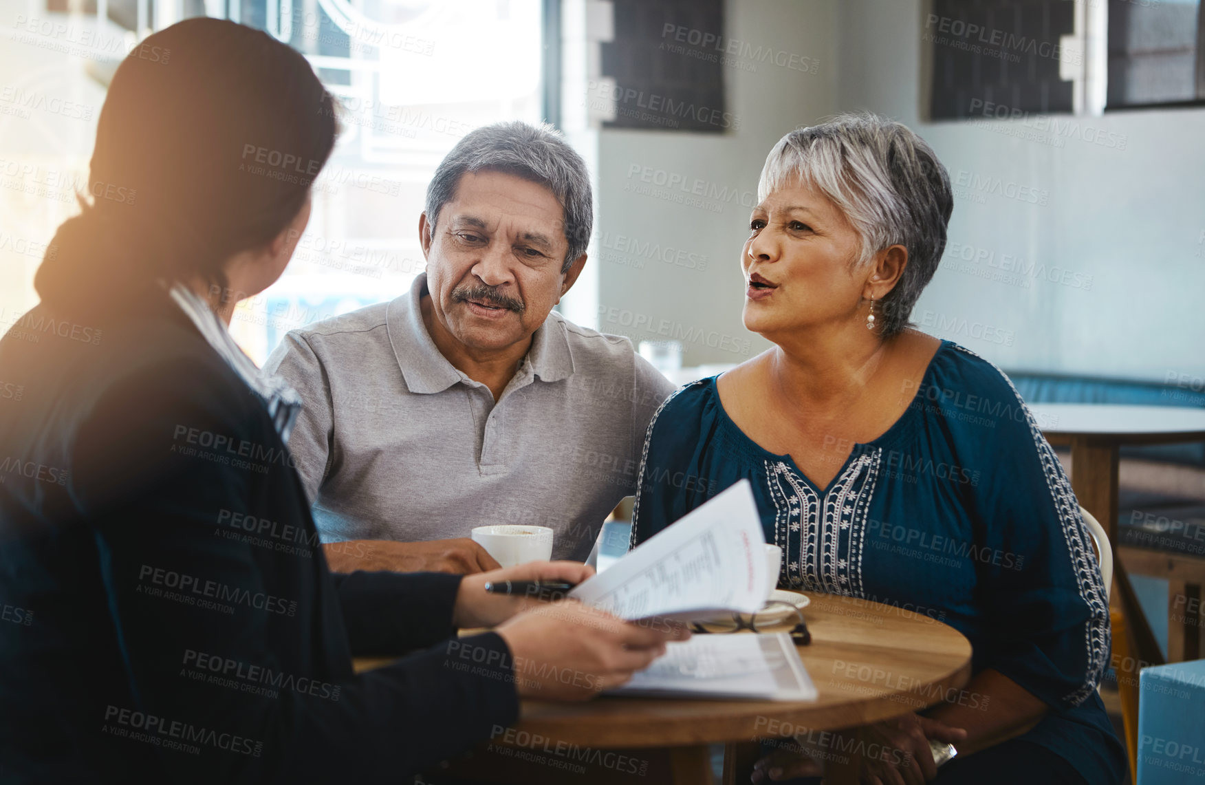 Buy stock photo Senior couple, talking and lawyer with documents for financial advice, retirement plan and will at home. Old man, elderly woman and attorney with paperwork, budget negotiation and legal agreement