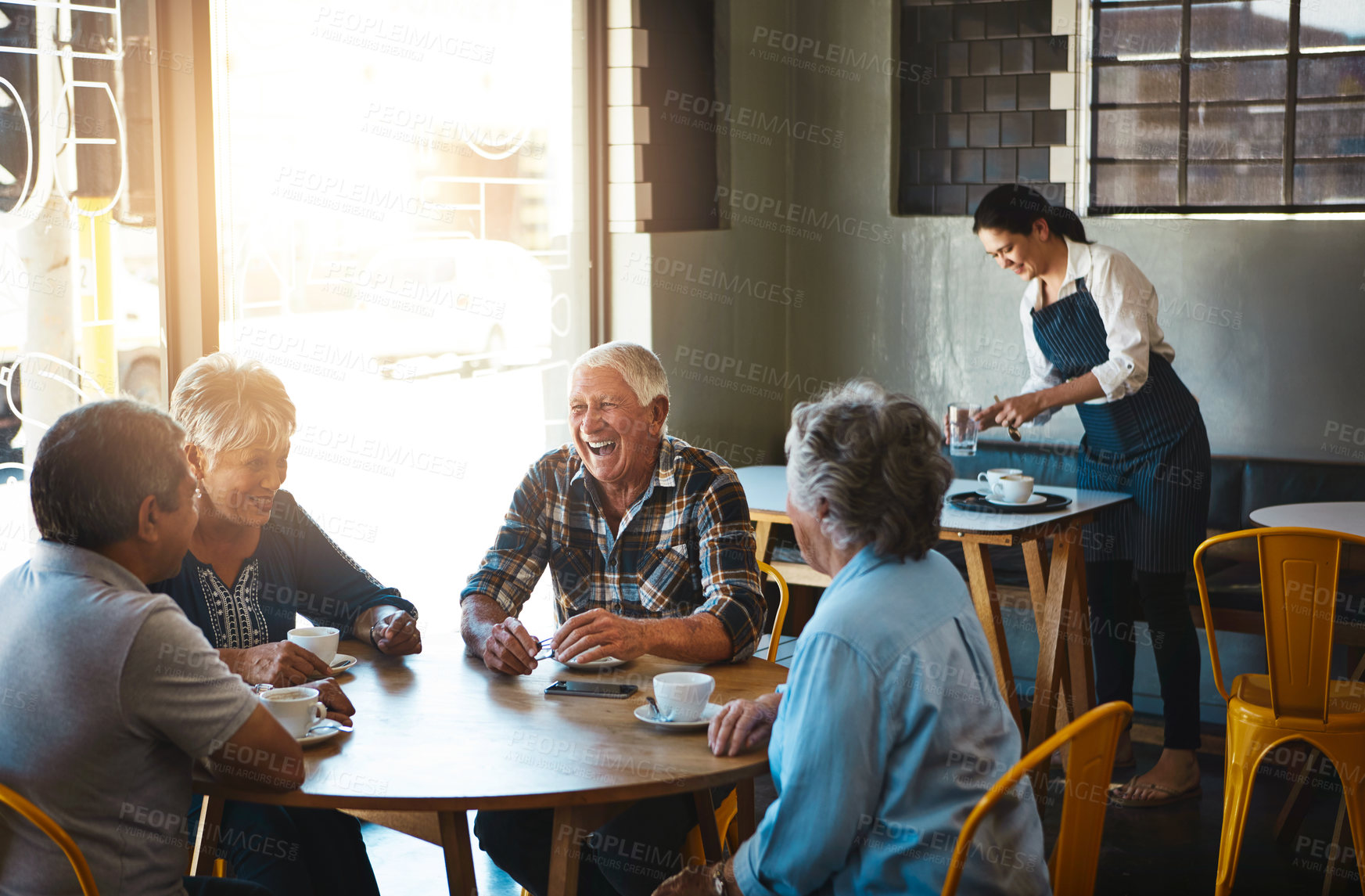 Buy stock photo Senior, people and group relax at cafe on holiday or reunion on vacation in retirement. Elderly, friends and talk at coffee shop for brunch with latte, espresso and drink cappuccino and chat in city