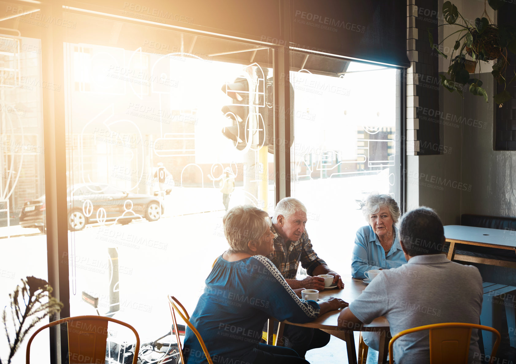 Buy stock photo Mature, friends and group relax at coffee shop on holiday or reunion on vacation in summer. Senior, people and talking at cafe for brunch with latte, espresso and drink cappuccino and chat in city