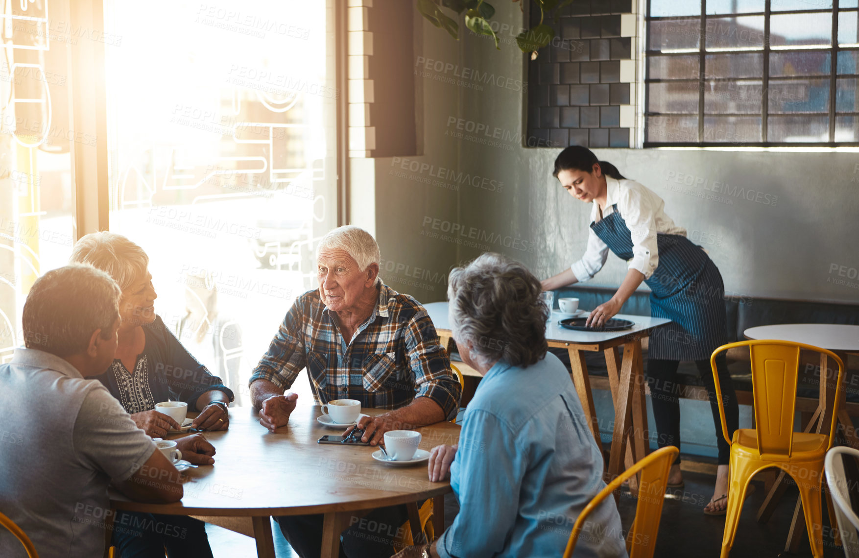 Buy stock photo Senior, people and group relax at coffee shop with discussion of life extension drugs in retirement. Elderly, friends and talk at cafe with healthcare, story or share gossip info in old community