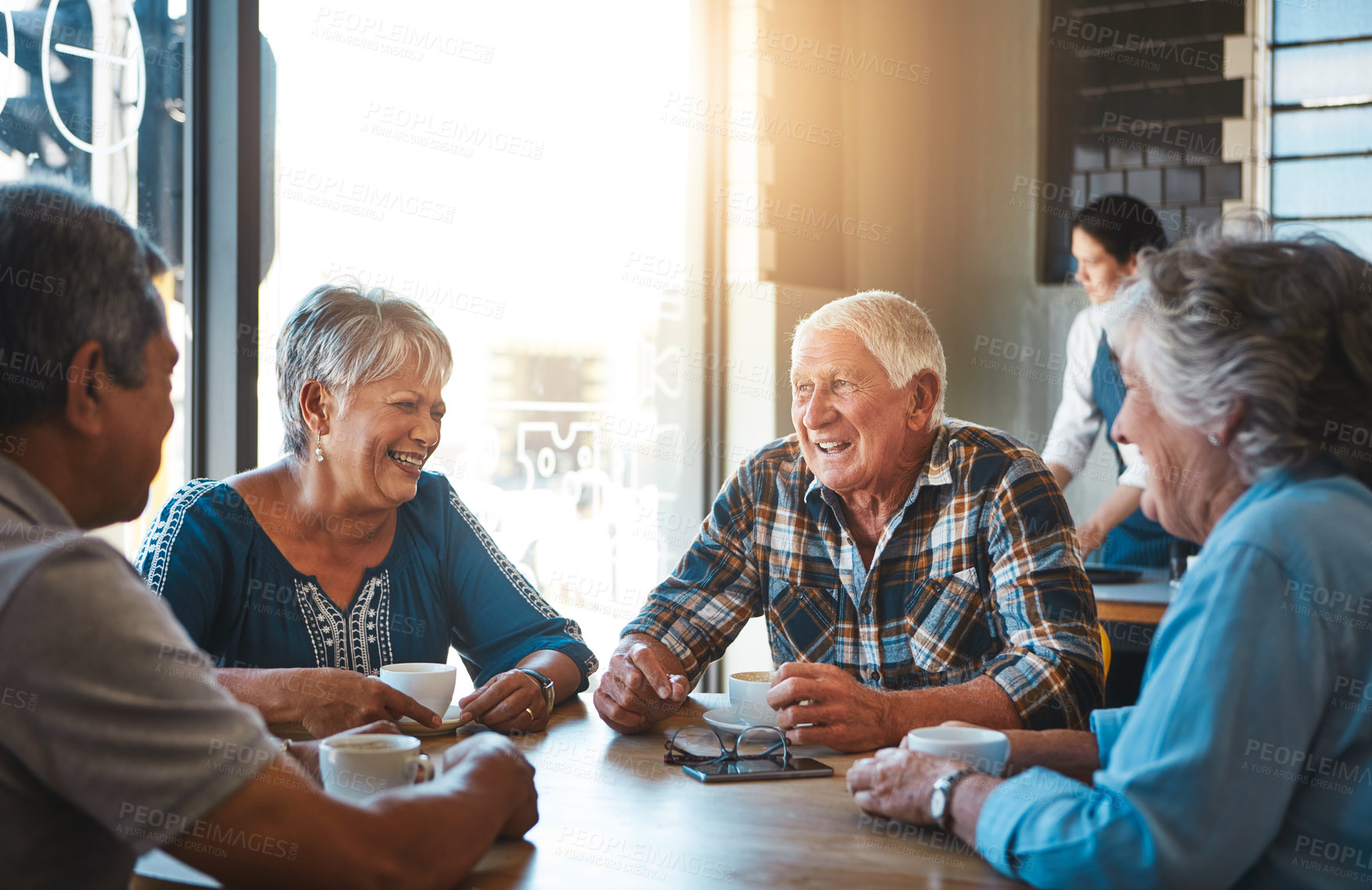 Buy stock photo Senior, friends and relax at cafe on holiday or group reunion on vacation in retirement. Elderly, people and talking at coffee shop in city with latte, espresso and drink tea and chat in morning