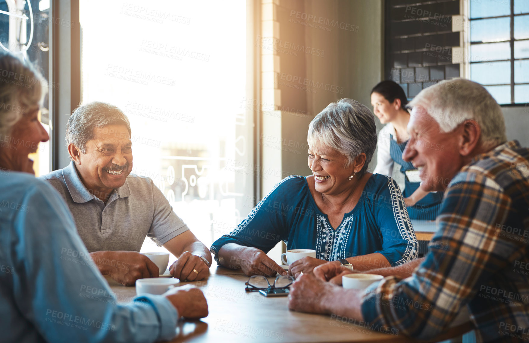 Buy stock photo Mature, friends and group relax at coffee shop on holiday or together on vacation in retirement. Senior, people and talking at cafe for funny chat with latte, espresso and drink cappuccino at table