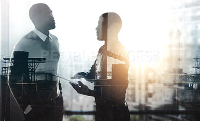 Buy stock photo Silhouette, discussion and double exposure with business people in office for corporate, company and teamwork. Innovation, future and global with employee for workforce, development and abstract