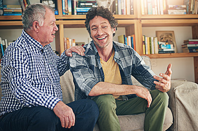 Buy stock photo Happy, advice and senior father with son on sofa for bonding, smile and conversation. Retirement, happiness and generations with family in living room at home for weekend, love and discussion