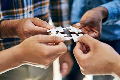 Buy stock photo Puzzle, company and hands for collaboration, planning and teamwork for hope and goals. Partnership, connection and trust for business, solutions and vision for support, idea and investment for people