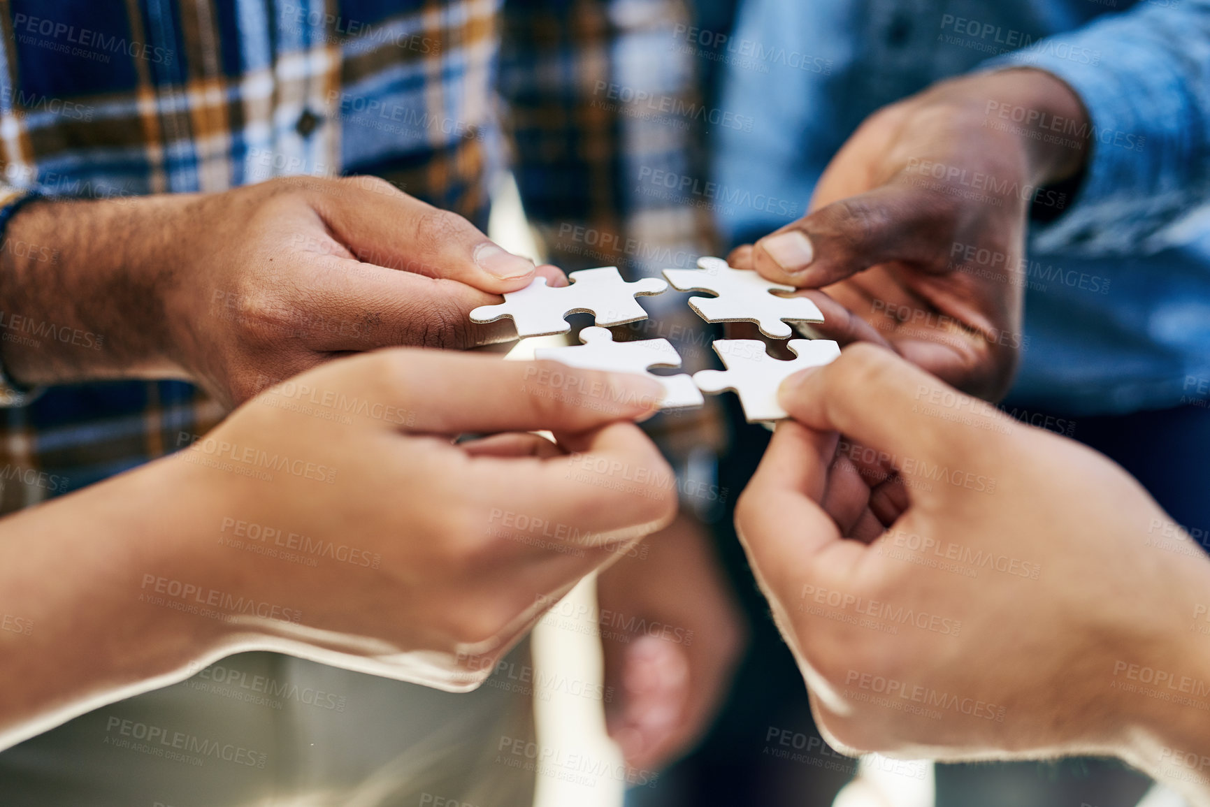 Buy stock photo Puzzle, company and hands for collaboration, planning and teamwork for hope and goals. Partnership, connection and trust for business, solutions and vision for support, idea and investment for people