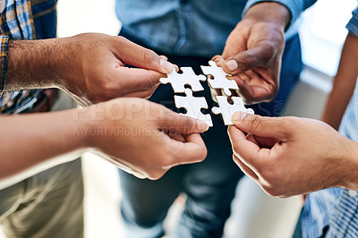 Buy stock photo Puzzle, business and hands for collaboration, planning and teamwork for hope and goals. Partnership, connection and trust for company, solutions and vision for support, idea and investment for people
