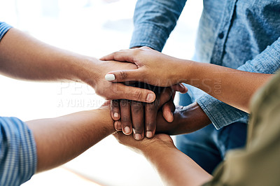 Buy stock photo Group, hands stacked and joined for unity and solidarity with collaboration and teamwork. Commitment, support and hand of crowd stack together for motivation, success and community connection