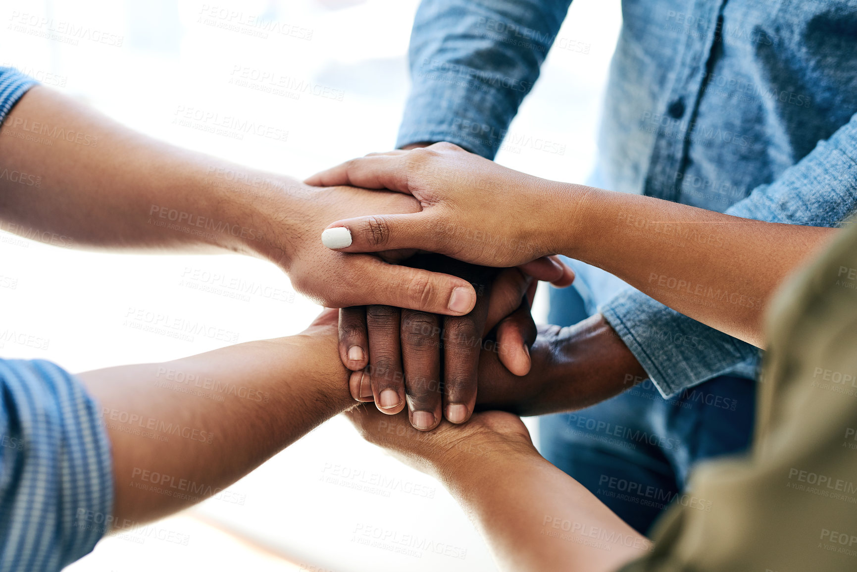 Buy stock photo Group, hands stacked and joined for unity and solidarity with collaboration and teamwork. Commitment, support and hand of crowd stack together for motivation, success and community connection