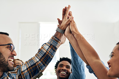 Buy stock photo High five, collaboration and meeting for team building in office, motivation and creative partnership. Business, employees and celebrate for work, mission or support success at startup design company