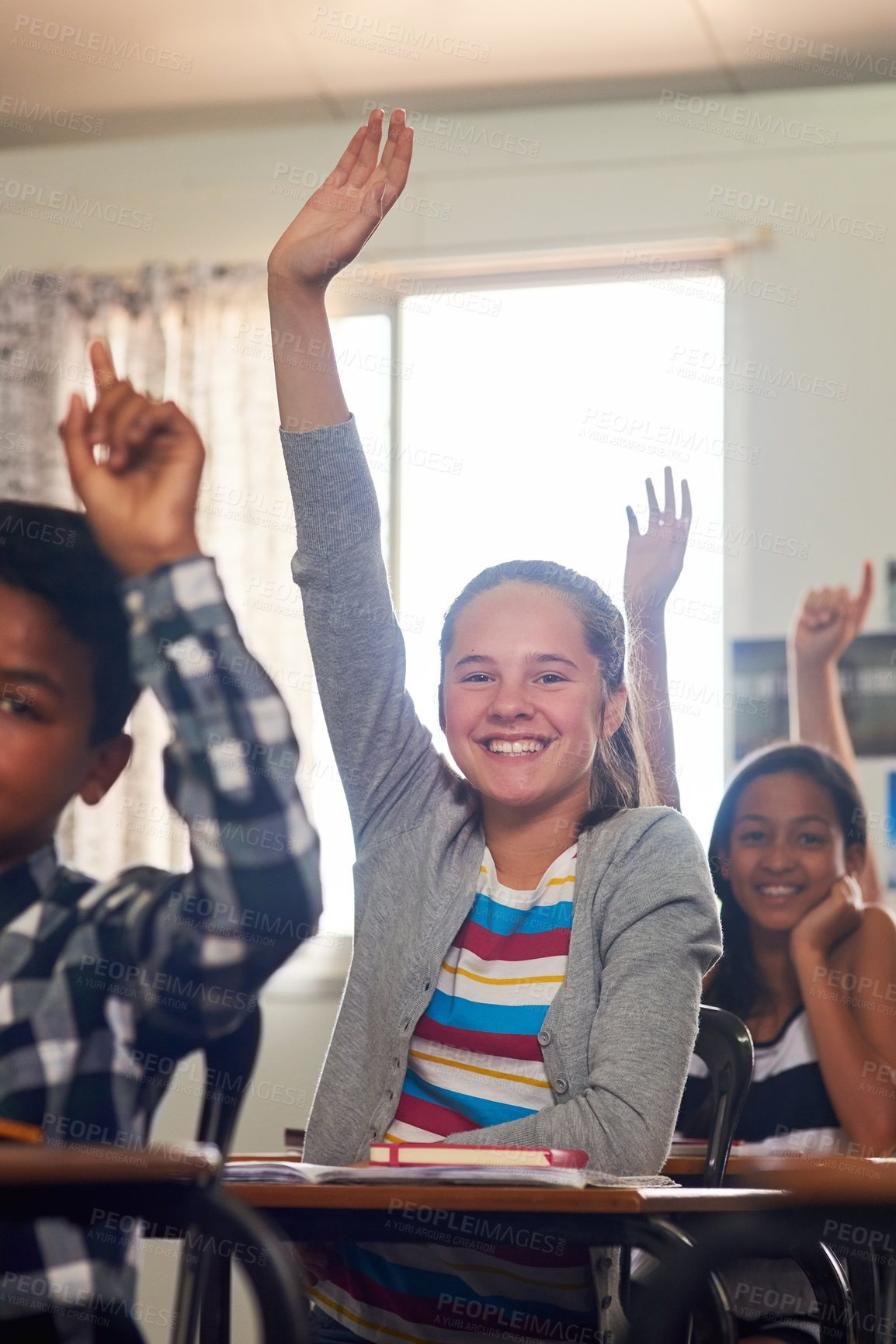 Buy stock photo Question, school and portrait of children with hands up for answer in lesson, learning and education. Classroom, knowledge and happy young students with hand raised for asking, feedback and questions