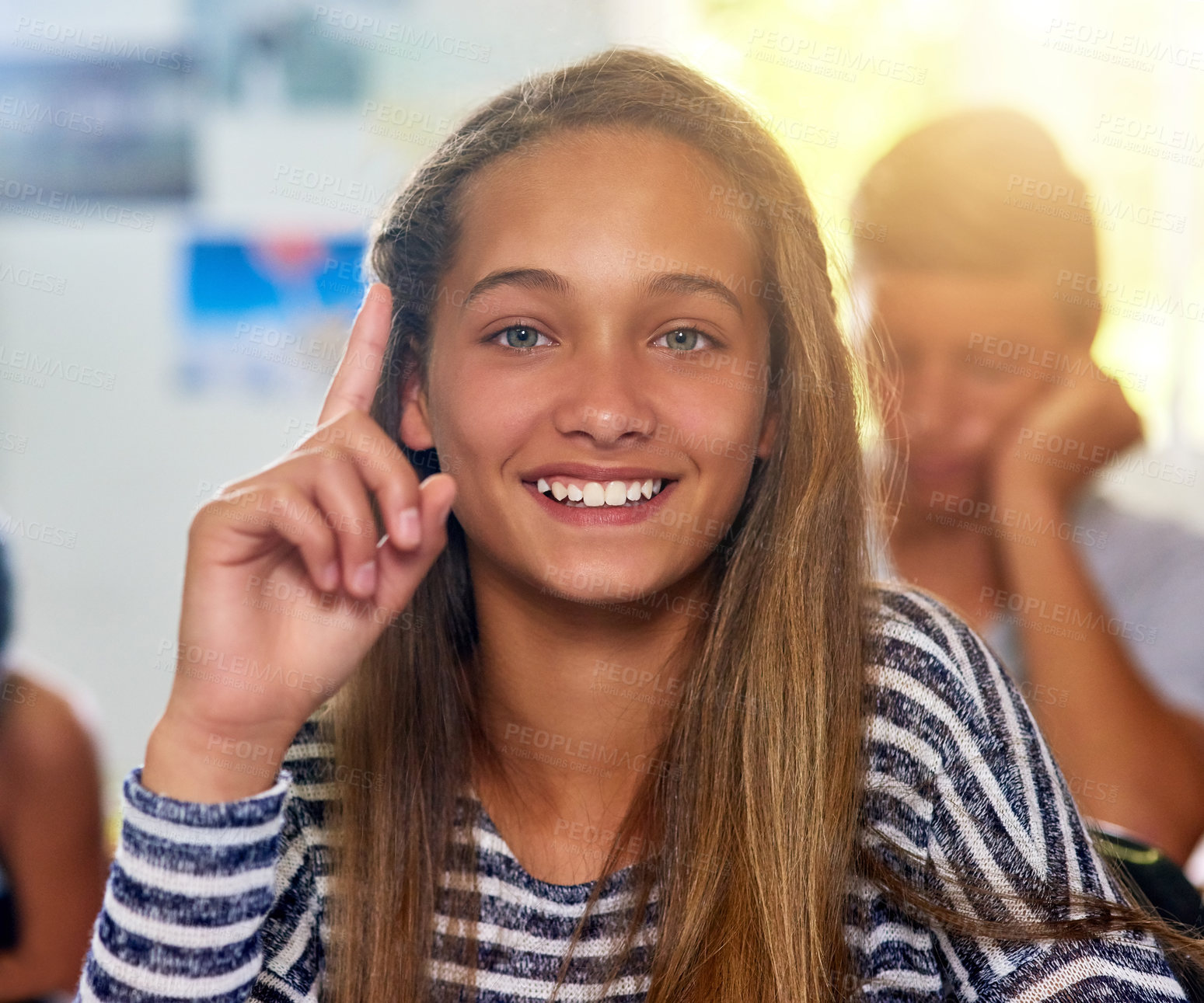 Buy stock photo Question, hands up and portrait of girl in school with smile for answer in lesson, learning and education. Classroom, knowledge and face of student with hand raised for asking, feedback and questions