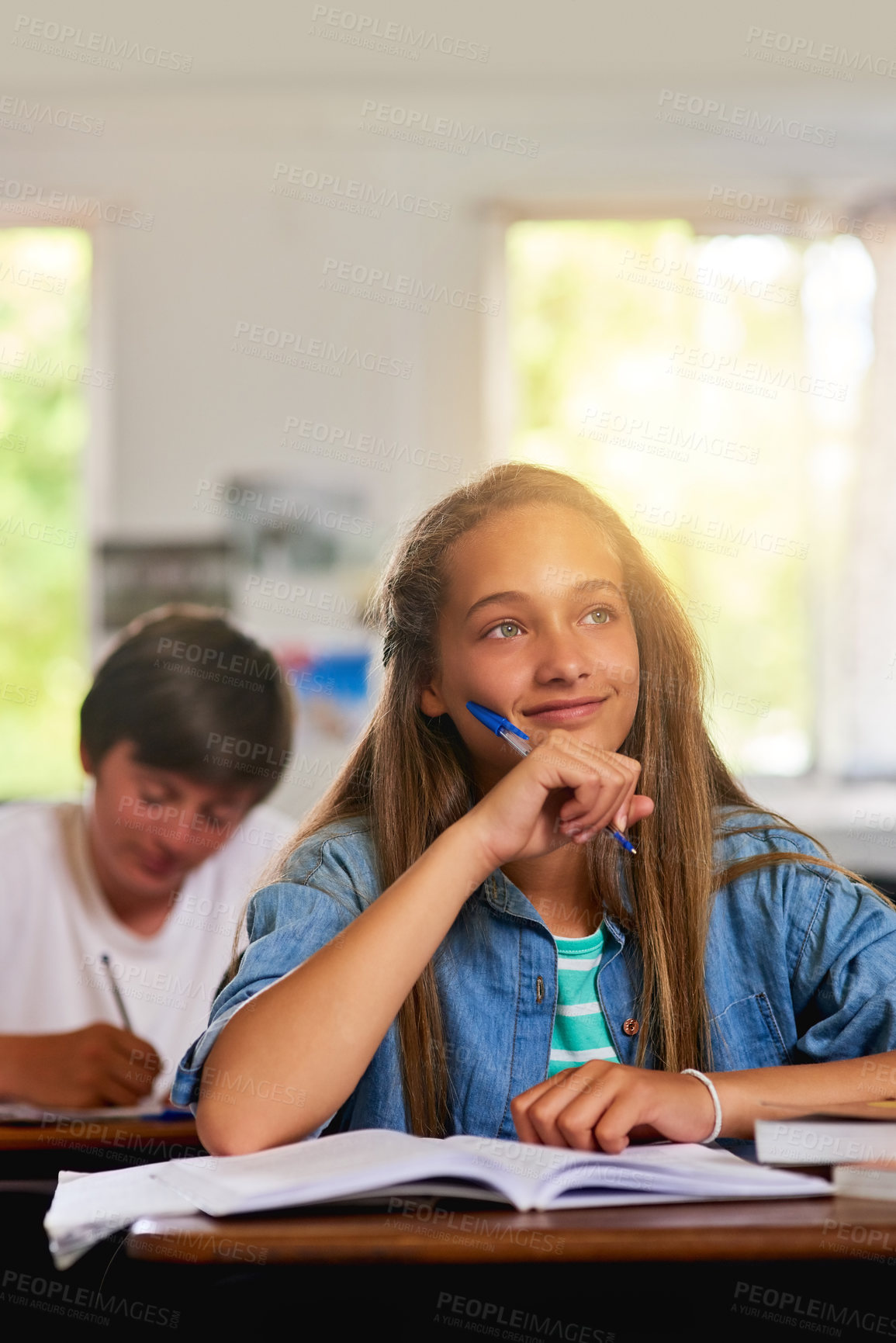 Buy stock photo Learner, girl and thinking with notebook in classroom at school for education, knowledge and lesson for child development. Teenager, smile and happy as kid with writing for exam, test and assessment