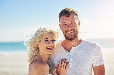 Buy stock photo Happy, couple and portrait on beach with love for seaside romance, serene seascape and ocean view with affection. Man, woman and together for bonding by coast on weekend, embrace and mockup with care