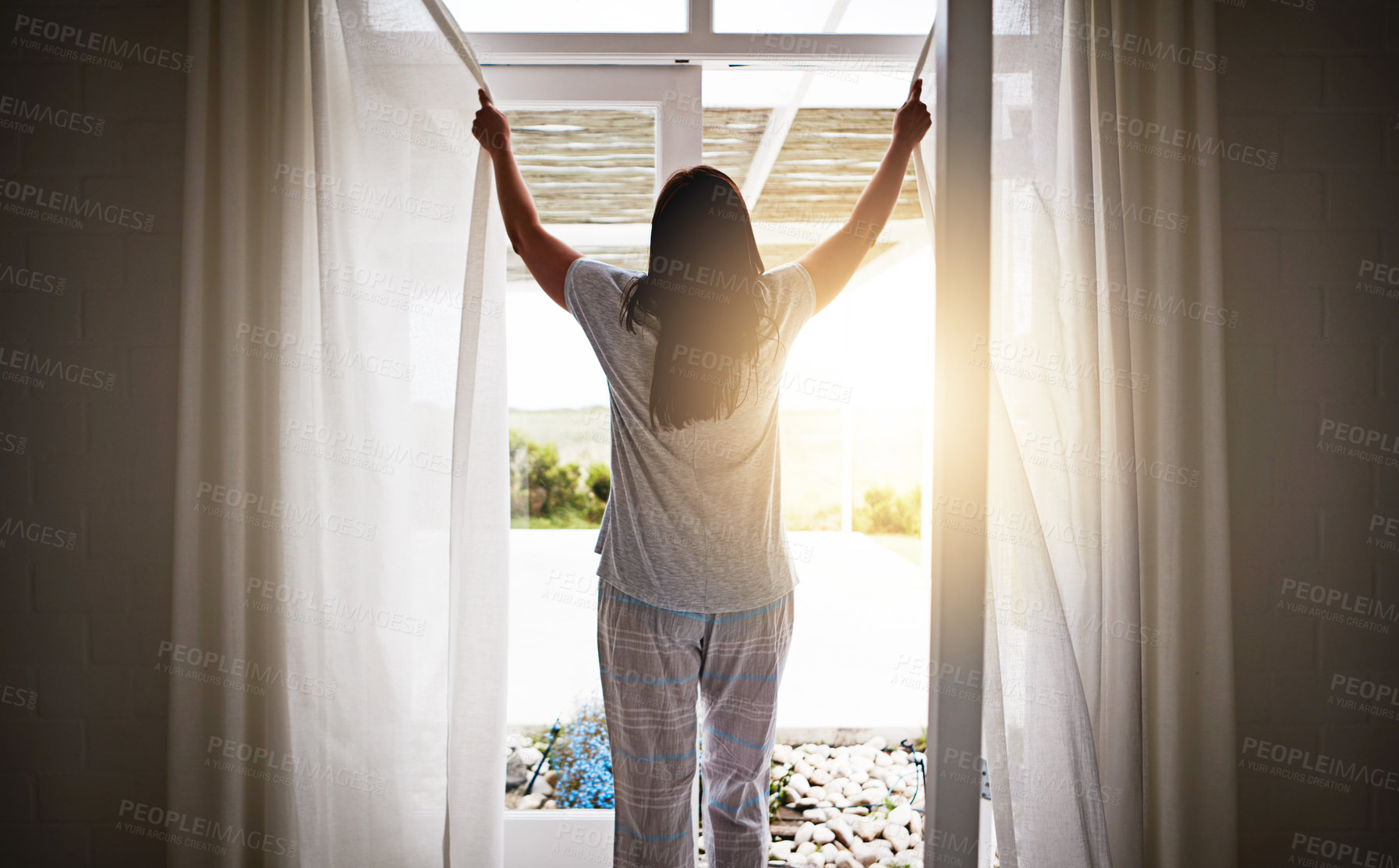 Buy stock photo Back, woman and open glass door in morning, window and fresh wake up with sunrise in hotel ready for day. Routine, outside view and holiday or weekend, curtain and light in apartment with patio