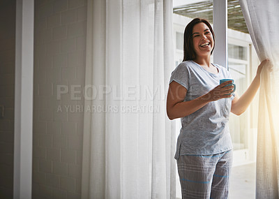 Buy stock photo Cropped shot of an attractive young woman opening up the curtains over her patio door