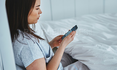 Buy stock photo Phone, search or woman relax in bed for social media, chat or web communication at home. Smartphone, app or girl in bedroom for online, sign up or survey for hotel, hospitality or customer experience