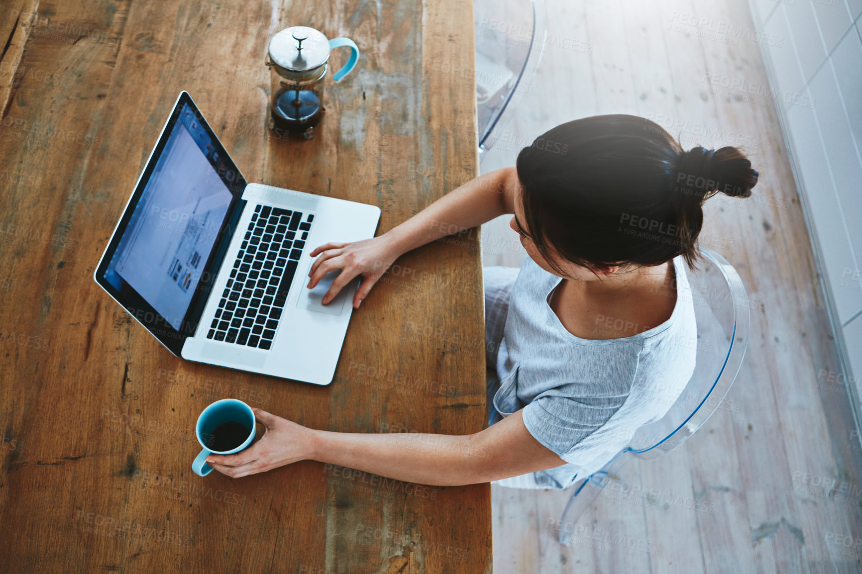 Buy stock photo Remote work, laptop and woman in top view house with coffee for web, search or client, feedback or communication. Freelance, pc or influencer with tea for morning blog, writing or podcast research
