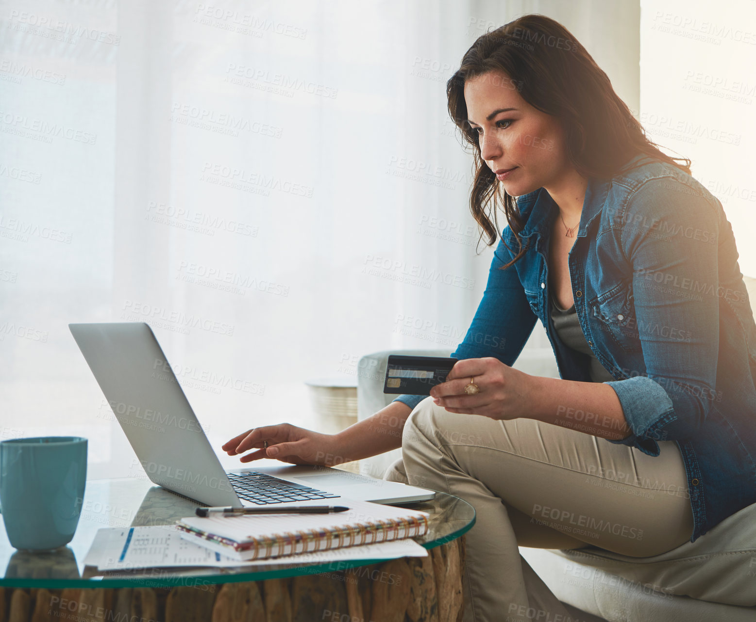 Buy stock photo Woman, laptop and remote work on couch, freelancer and checking email for job in living room in home. Blog, online research and social media with notebook, planner and comfort in apartment lounge