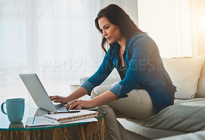 Buy stock photo Woman, laptop and remote work on sofa, freelancer and checking email for job in living room in home. Browse, online research and social media with notebook, planner and comfort in apartment lounge