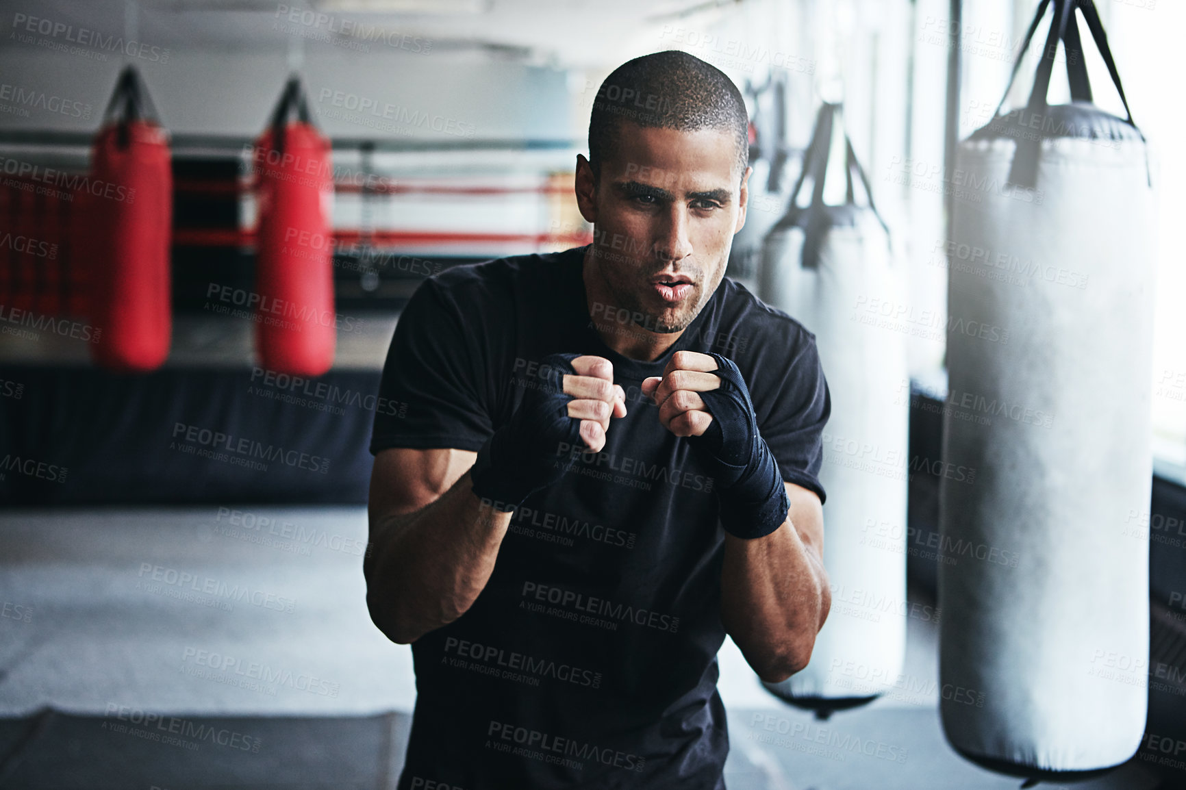 Buy stock photo Fitness, punching and man in gym for challenge, boxing exercise or competition training. Power, muscle and champion boxer at workout with confidence, fight and energy in MMA sports club with gloves.